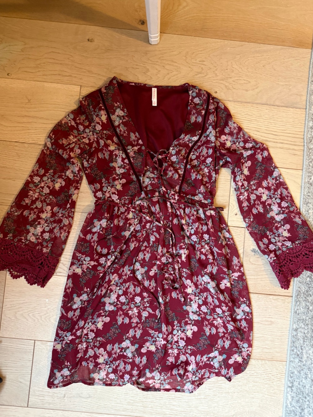 Floral Tie-Front Burgundy Dress